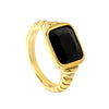 Gold Estelle Ring featuring a striking black gemstone and intricate band detailing for a sophisticated jewelry piece.