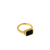 Elegant Estelle Ring with a black gemstone set in a gold bezel and a textured band for a timeless statement look.