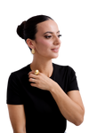 Stylish woman wearing gold statement jewelry, featuring leaf-shaped earrings and a bold gold ring, paired with a sleek black top and an elegant updo hairstyle.