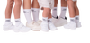 Group wearing 'CASA DI MILAN' branded socks and white sneakers for a clean, coordinated look